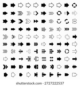 Conjunto de flechas de Vector en blanco y negro que ilustran varias direcciones y acciones