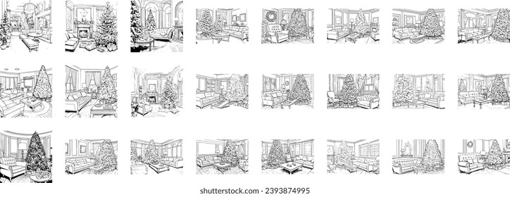 Set of black and white vector art depicting cozy Christmas interiors, showcasing festive decor and holiday charm