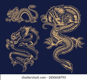 A set of black and white vector Asian dragons on dark background.