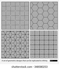 Set black and white vector backgrounds. Geometrical ornament. Fragments can be replicated