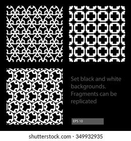 Set black and white vector backgrounds. Geometrical ornament. Fragments can be replicated