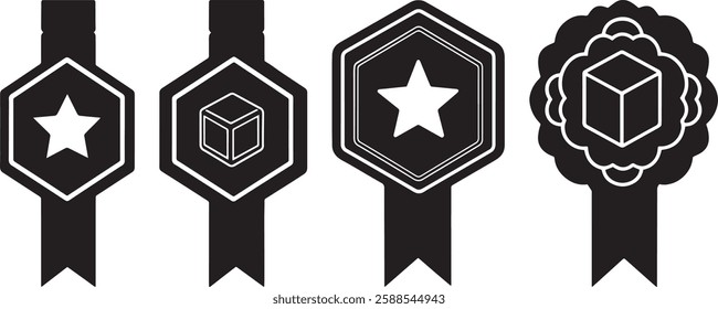 Set of Black and White Vector Badges with Star and Cube Shapes
