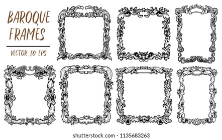 Set with black and white vector baroque frames in decorative retro ornament style. Hand drawn vector illustration, engraved drawings for cards, posters, invitations, print