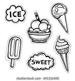 Set of black and white vector doodle icon sketches of banana split, cone, popsicle and other ice creams. Vector illustration on white background in trendy youthful style.