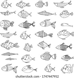 Set of black and white vector drawings of various cartoon funny fish