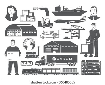 Set of black and white vector elements on the theme of Logistics, Warehouse, Freight, Cargo Transportation. Storage of goods, Insurance. Modern flat design.