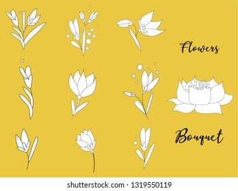 Set of black and white vector floral elements. Illustration of flowers. Decorative flowers for card, invitations, birthday, poster, fabrics. 