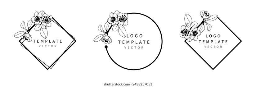 Set of black and white vector floral logo templates with cherry blossoms. Floral badge, frame for text.