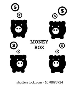 A set of black and white vector icons of a piggy bank with a piglet. Money bank, savings.