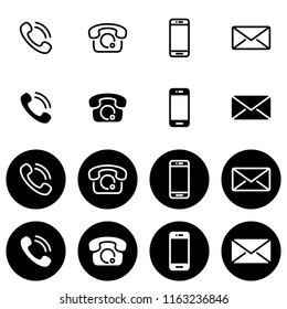 Set of black and white vector icons, different styles on a black and white background. Collection of basic phones and their functions