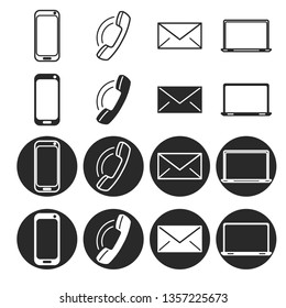 Set of black and white vector icons, different styles on a black and white background. Collection of basic communications. Depicted phone, handset, laptop and envelope.