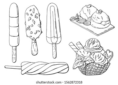 set of black and white vector icons of delicious, sweet and beautiful ice cream