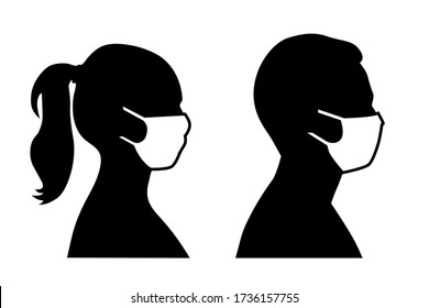 Set of black and white vector icons of a man and a woman wearing protective face mask  - covid-19 safety measures, restriction, covering face to prevent spread of the virus