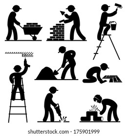 set black and white vector icons of builders