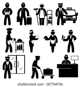 set black and white vector icons of hotel attendant