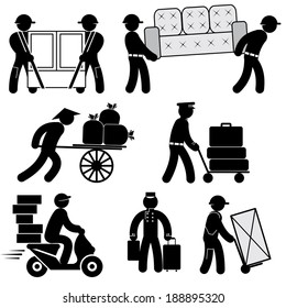 set black and white vector icons of loader people