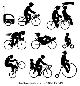 set black and white vector icons of people cyclist and bicycle