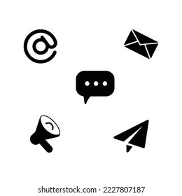 Conjunto de iconos vectoriales en blanco y negro para medios y negocios. Megáfono, mensaje, señales de correo electrónico. Colección de ilustraciones vectoriales simples aisladas en fondo blanco