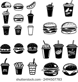 A set of black and white vector icons representing fast food items. The collection includes illustrations of burgers, fries, soft drinks, and ice cream, all rendered in a clean, 