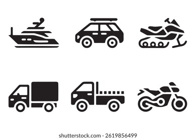 Set of black and white vector icons depicting different types of vehicles.