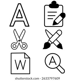 A set of black and white vector icons related to document editing, word processing, and design tools