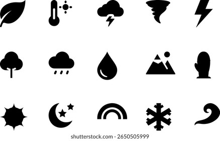 A set of black and white vector icons representing various weather conditions and elements of nature