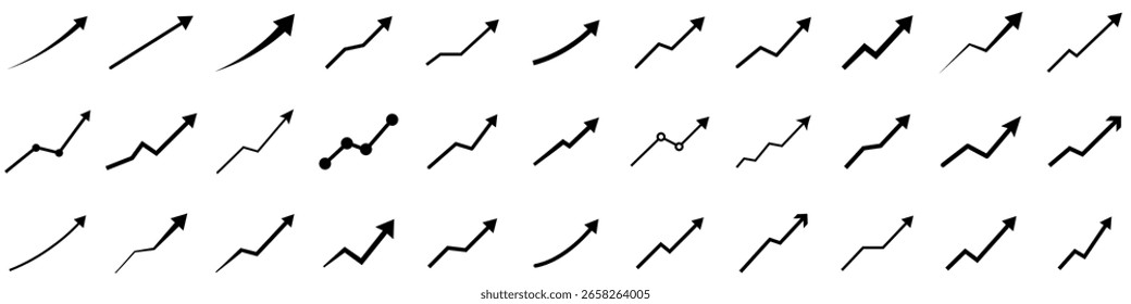 Set of black and white vector icons of upward pointing arrows symbolizing growth and progress, isolated on white background.