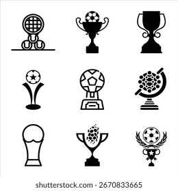 Set schwarz-weißer Vektorsymbole mit verschiedenen Sportpokalen und Award-Symbolen