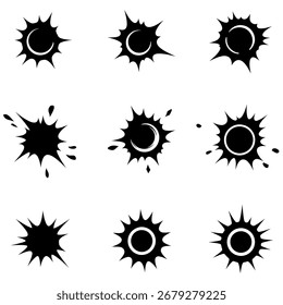 Conjunto de iconos vectoriales en blanco y negro de agujeros de bala, marcas de disparos o explosiones aisladas sobre fondo blanco.
