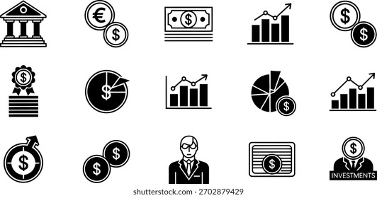 Un conjunto de iconos vectoriales en blanco y negro que ilustran varios aspectos de las finanzas, la inversión, la banca y los conceptos económicos, incluido el dinero, la moneda, los gráficos de crecimiento y las cifras comerciales.