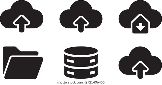 Um conjunto de ícones de vetor em preto e branco que descrevem armazenamento em nuvem, carregamento de dados, download e armazenamento em nuvem da organização, armazenamento de dados