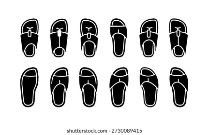 Set von schwarz-weißen Vektorsymbolen mit verschiedenen Stilen von Flip-Flops und Tanga-Sandalen für lässige Strandbekleidung und Sommer.