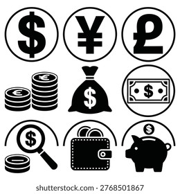 A set of black and white vector icons depicting various finance and money symbols, including dollar, yen, and pound signs, coins, a money bag, banknotes, a magnifying glass, a wallet, and a piggy bank
