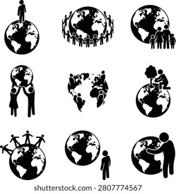 A set of black and white vector icons depicting human figures interacting with the planet Earth, symbolizing global unity, environmental care, and human connection.