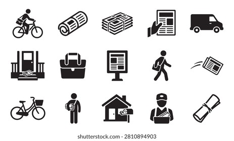 Set of black and white vector icons depicting newspaper delivery processes including cyclists walking carriers vans homes with mailboxes and rolled paper bundles rendered in a clean minimalist graphic design style suitable for professional business communication media and editorial layout projects within a modern digital interface environment today