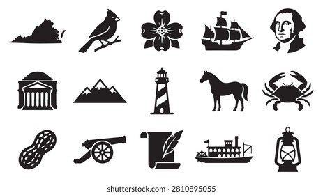 Set of black and white vector icons representing various symbols of the state of Virginia including a cardinal bird dogwood flower ship George Washington building mountains lighthouse horse crab peanut cannon scroll steamboat and lantern designed in a clean minimalist graphic style for modern digital design projects
