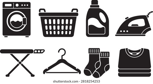A set of black and white vector icons representing laundry tasks, including a washing machine, basket, detergent, iron, ironing board, hanger, socks, and folded clothes.