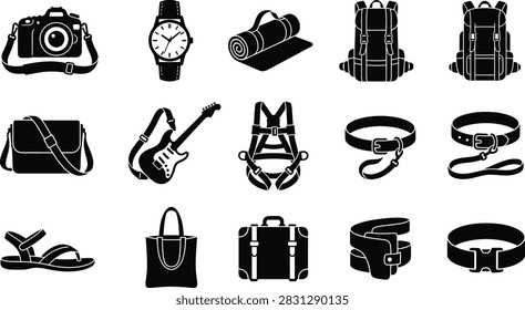 A set of black and white vector icons representing various personal travel and leisure items including bags, camera, watch, and gear.
