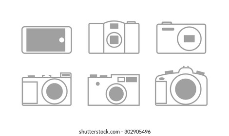 Set of black and white vector icons with photographic equipment, flat design