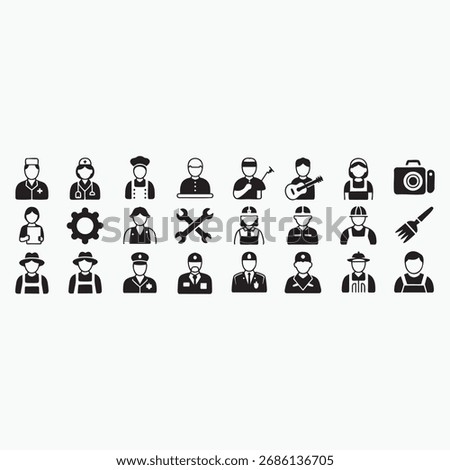 A set of black and white vector icons representing a diverse range of professions and occupations, including doctors, chefs, police officers, artists, and construction workers.