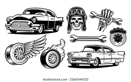 Set of black and white vector illustration auto parts with skull, vintage cars 