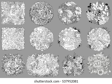 Set of black and white vector illustration for coloring pages or other.