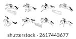 Set of black and white vector illustrations of jockeys riding horses in different racing and jumping positions