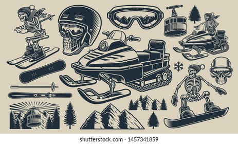 Set of black and white vector illustrations of winter sport theme with skier, snowboarder, snowmobile and manny others. 