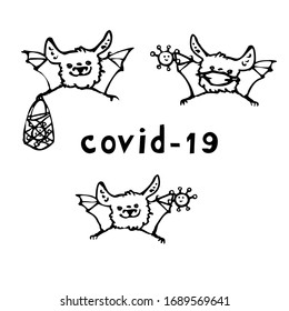 Set of black and white vector illustrations. Bats and coronavirus. Isolated on a white background. Hand drawn.