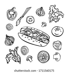 Conjunto de ilustraciones vectoriales en blanco y negro. Perro caliente, cebollas, champiñones, tomates, pimientos, pepitas, lechuga. Aislado sobre un fondo blanco.