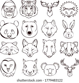 Set Of Black And White Vector Illustrations Of Wild Animals. Hand Drawn Animal Icons Drawings Of Wild Animals, Gorilla, Tiger, Deer, Hedgehog, Panda, Bear, Wolf, Hare, Coot, Raccoon, Wild Boar, Owl, 