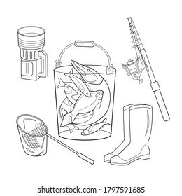 Set of black and white vector illustrations about fishing. A bucket with caught fish, landing net, fishing rod, flashlight, rubber boots. Outline style. Coloring book page.