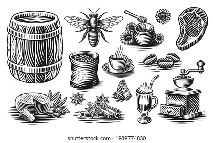 A set of black and white vector illustrations of different kinds of food in vintage style