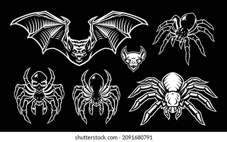 A set of black and white vector illustrations of spiders and bats